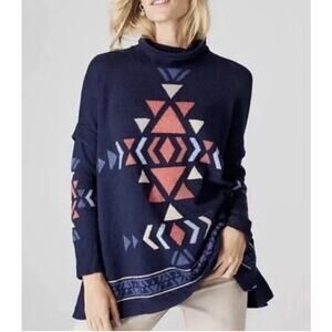 J. Jill Aztec Poncho Sweater Size M Navy Funnel Cowl Neck Southwestern Tunic